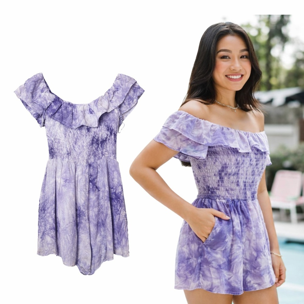 Altar’d State | Lilac Tie Dye Smocked Romper | Off Shoulder Ruffle | XS